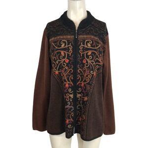 NorthStyle Zip Front Embroidered Cardigan Sweater Brown Alpaca Blend Sz Large